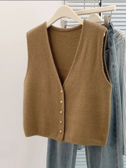 Women's Soft Knitted Vest  Women Casual Button Deep V-Neck Sleeveless Autumn  Pullover Simple Tank Tops Loose Knitwear  Tops