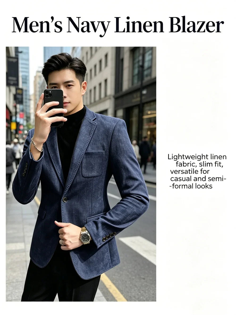 Mens Blazer Linen Blend Notched Lapel 1 Button Slim Fit Stitched Edge Patch Pockets Business Casual Daily Soft Breathable Jacket