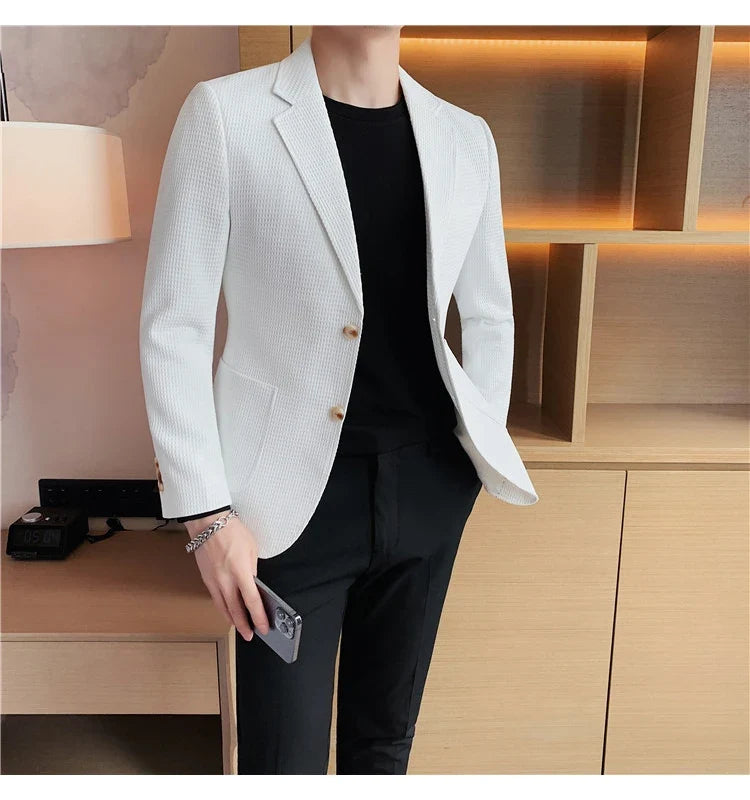2025 Spring New Waffle Suit Coats Men Slim Fit Business Casual Blazer Jacket Homme Formal Groom Prom Wedding Tuxedo 4XL-M