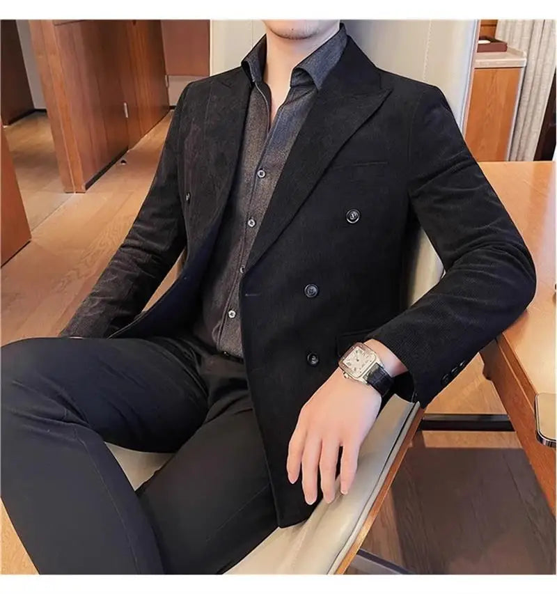Autumn Winter Corduroy Suit Jacket Purple Man Suit Coat Solid color Double breasted slim fit Suit Man tops