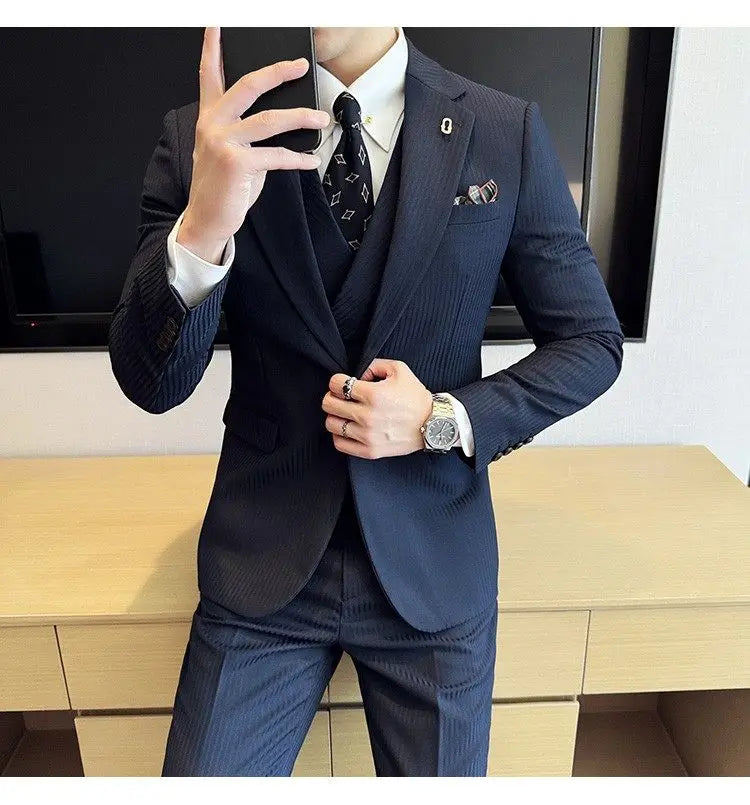 Men's Slim Fit 2-Piece Suit – Striped Single-Breasted Blazer and Trousers for Wedding, Business & Formal Wear