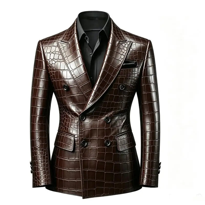 Men's Crocodile Embossed Leather Blazer Jacket Slim Fit Double Breasted Formal Suit Coat for Business Office Wrok Banquet Party