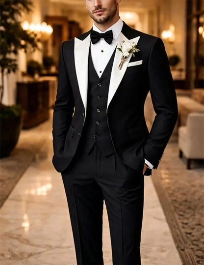 Men's 3 Piece Tuxedo Suit Peak Lapel Black White Wedding Formal Wear