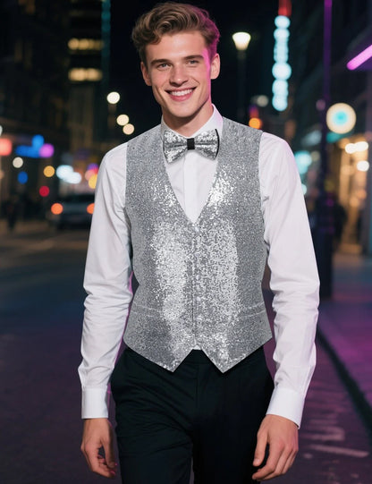 Men's Vest and Bow Tie Set – Silver-Gray Sequin – Party, Stage & Nightclub Wear