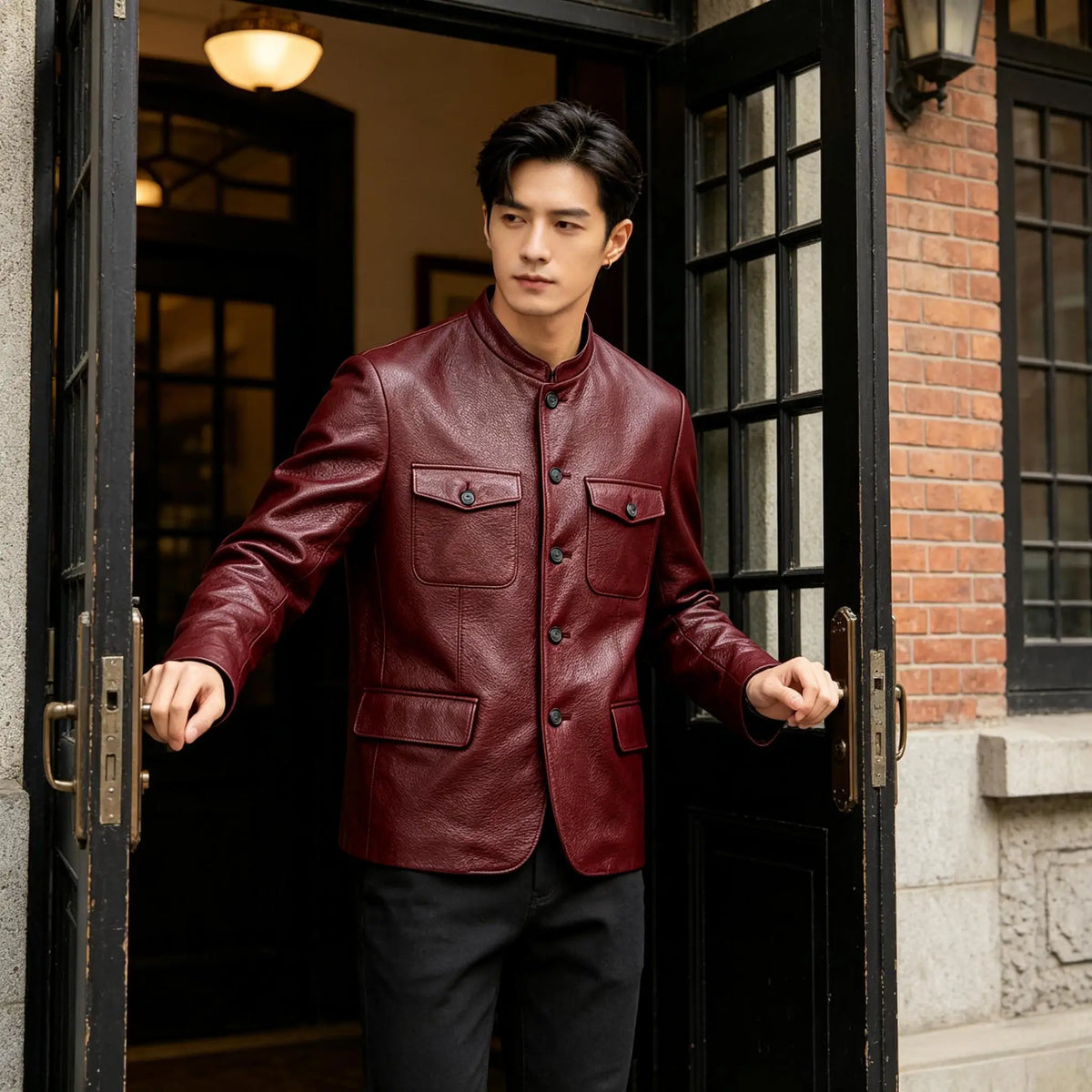 Men Premium Leather-Like Stand Collar Jacket Single Breasted Casual Multi-Pocket Slim Fit Business Outerwear