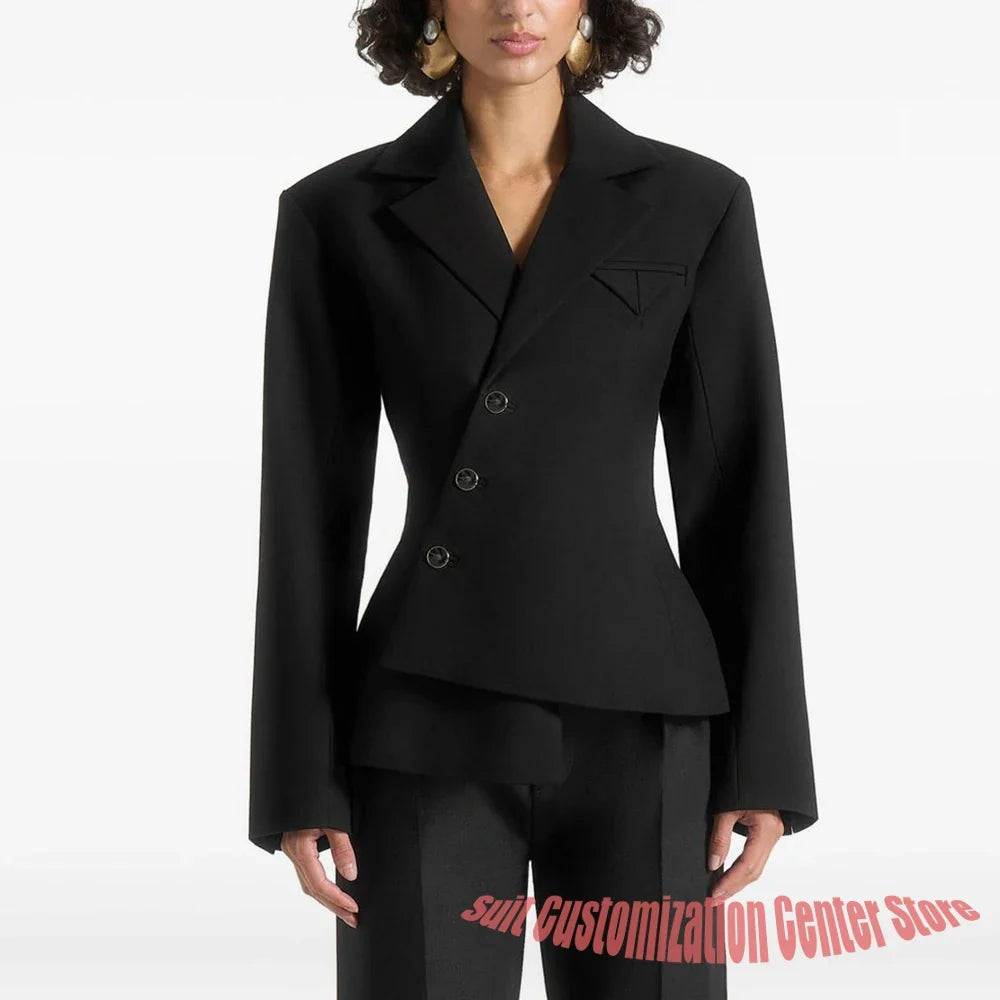 Black Asymmetric Blazer Suit Women's Slim Fit Single Breasted Notch Lapel Set Minimalist Office Modern Casual Workwear Outfit