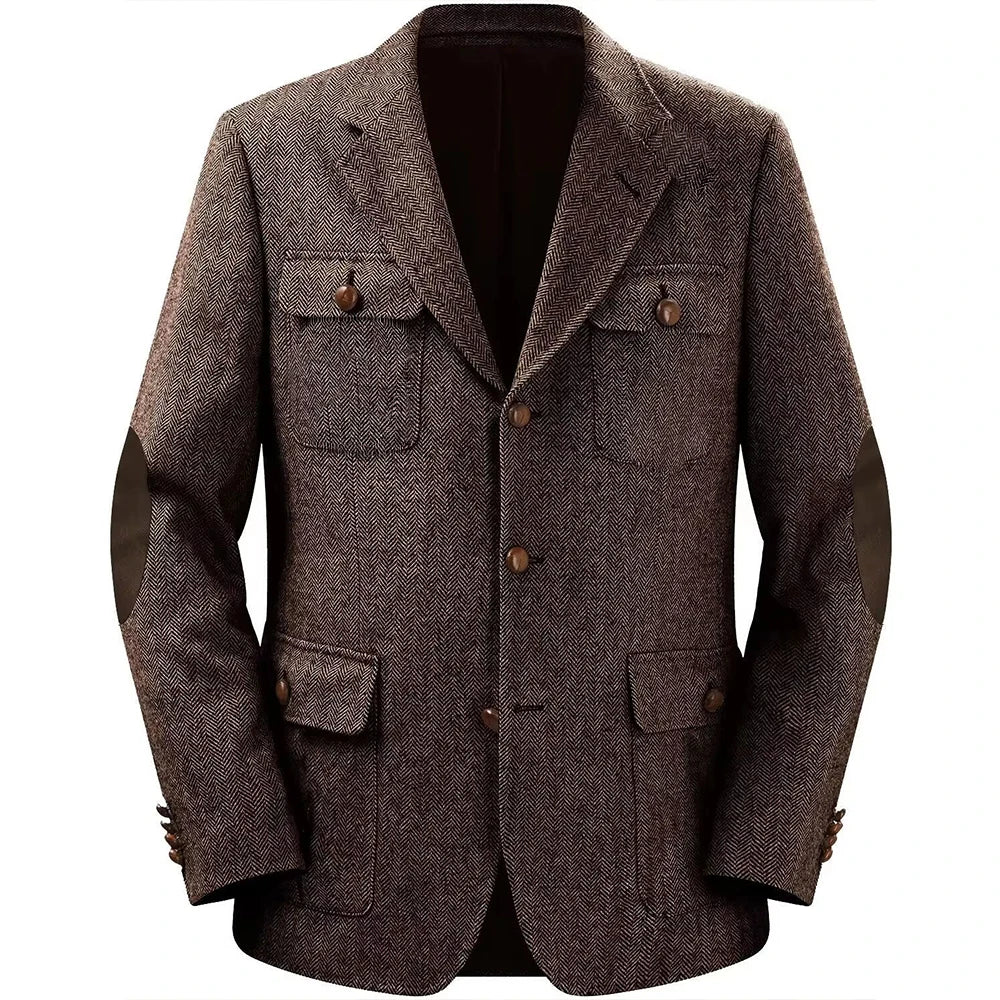 Autumn Winter Multi-Pocket Hunting Jacket Herringbone Tweed Men's Sporty Formal Blazers Suit Vintage Elegance Menswear 2025 NEW