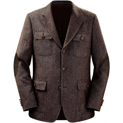 Autumn Winter Multi-Pocket Hunting Jacket Herringbone Tweed Men's Sporty Formal Blazers Suit Vintage Elegance Menswear 2025 NEW