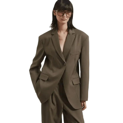 Fashion Brown Single Button Women Pants Set High-end Female Two Pieces(Jacket+Trousers)أطقم بناطيل