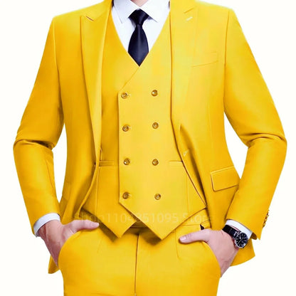 Men's Linen 3-Piece Slim Fit Suit – Blue & Beige | Peak Lapel