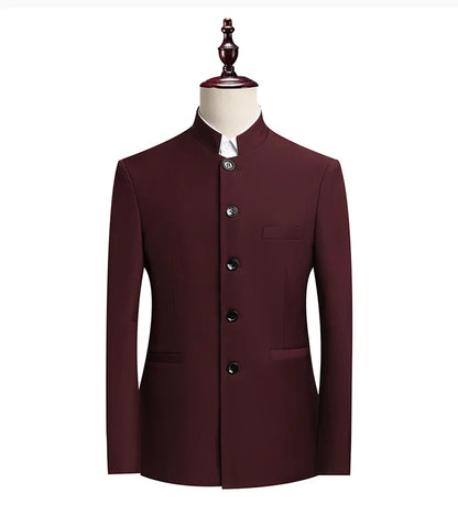 Men's Smart Casual Suit Set – Mao Collar Slim Fit Blazer and Pants for Weddings and Business