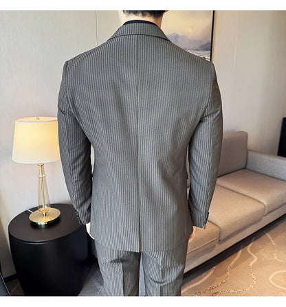 (Jackets+Pants+Vest) Luxury Stripe Men Suit Korean Version Fashion Elegant Slim Fit Tuxedo Formal Groom Wedding Social Suits