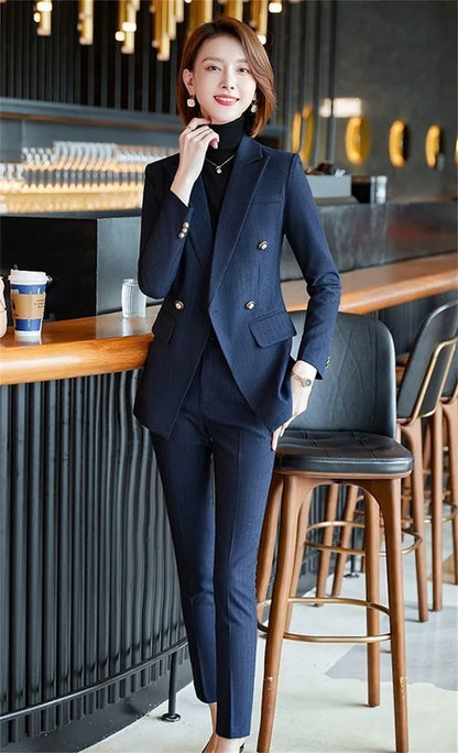 Elegant Office Ladies Two Piece Sets Womens Outifits 2025 New Double Breasted Long Sleeve Blazers Loose Casual Pant Suits