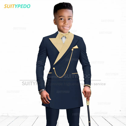 Brief Kids Suit Set  Formal Evening Prom Boys Stylish Gold Lapel Blazer And Pants Two Pieces Children Baptism Formal Costumes