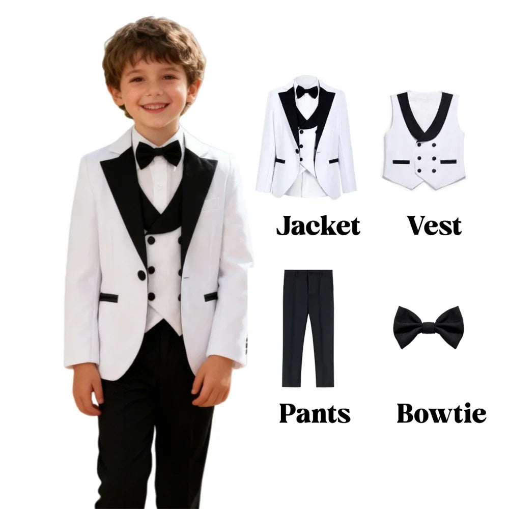 Boys Formal Suit Set | Blazer Vest Pants Bow Tie | Wedding & Party | Red, White, Royal Blue | Ages 3–14