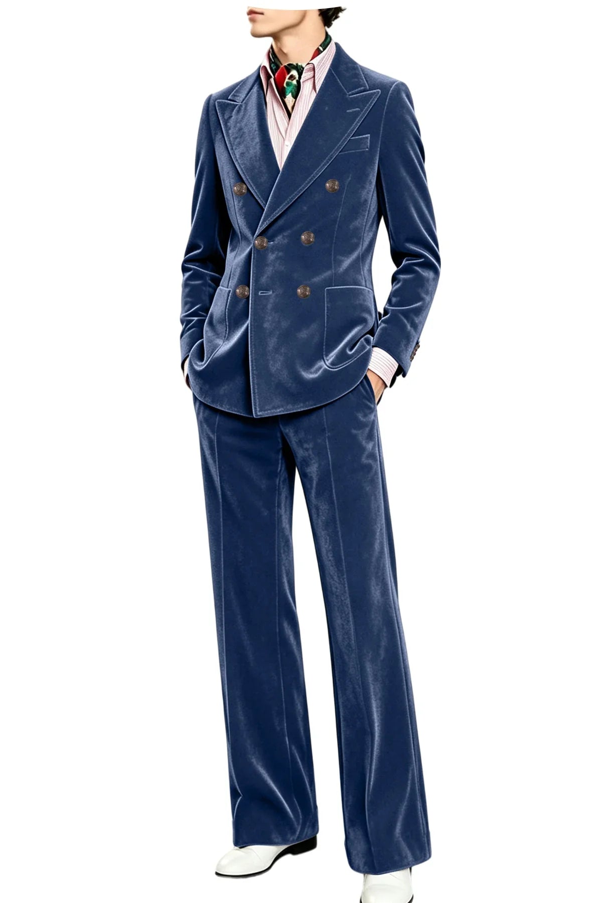 Men's Velvet Suit 2 Piece Double Breasted Peak Lapel Blazer & Straight Leg Pants for Formal & Wedding