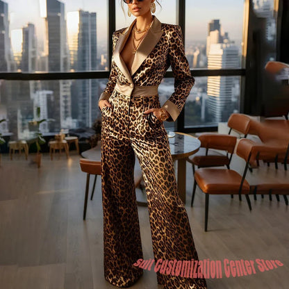 Customized Leopard Print Women 2Piece Sets Luxurious Single Button Pants Suit with Stain Peaked Lapel Gorgeous Slim Fit Outfit
