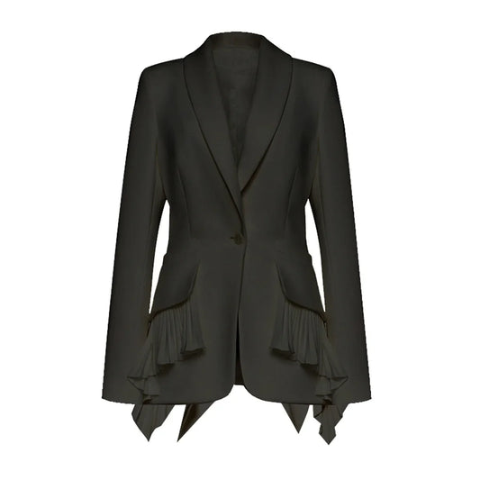 Women Blazer Elegant Turn-down Collar Single Button Patchwork Pleated Hem Slim Fit High-end Chic Coat Spring Autumn HK22596
