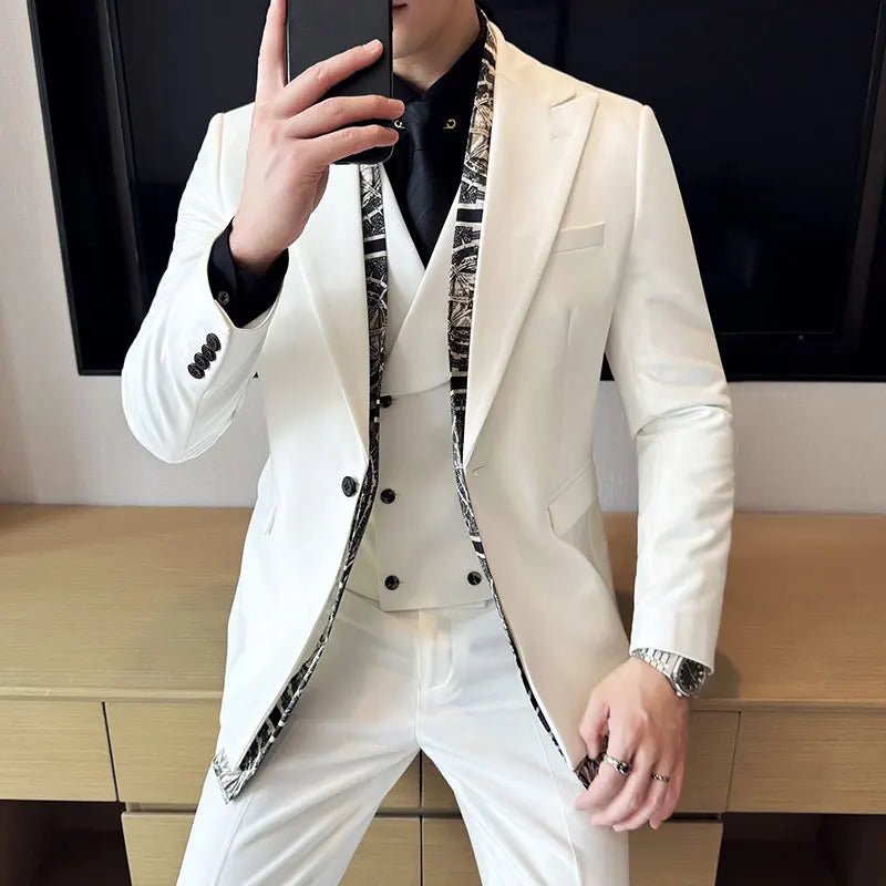 Double Collar Suit Set 3 Pieces Business Formal Casual Suits Vest Trousers Office Work Party Prom Wedding Groomsmen Clothing
