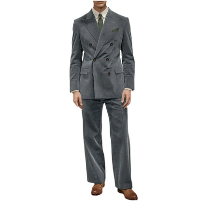 Men's Corduroy Suit 2 Piece Retro Double Breasted Peak Lapel Blazer Straight Leg Pants Formal Set Business Casual Wedding Party