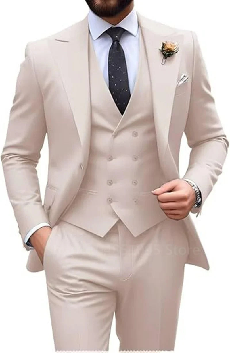 Costume de mariage beige 3 pièces pour homme, coupe slim, blazer, gilet et pantalon élégants, pour bal de promo ou cérémonie