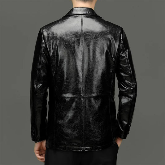 Men's Sheepskin Leather Blazer – Single Breasted Smart Casual Suit Jacket in Black for Spring and Autumn