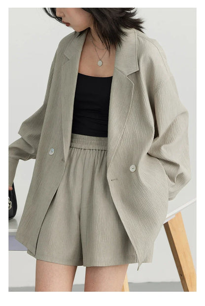 Women's Blazer Solid Casual Long Sleeve Jacket Texture Thin Suit Coat Shorts Office Lady Tops 2023 Summer New Fashion