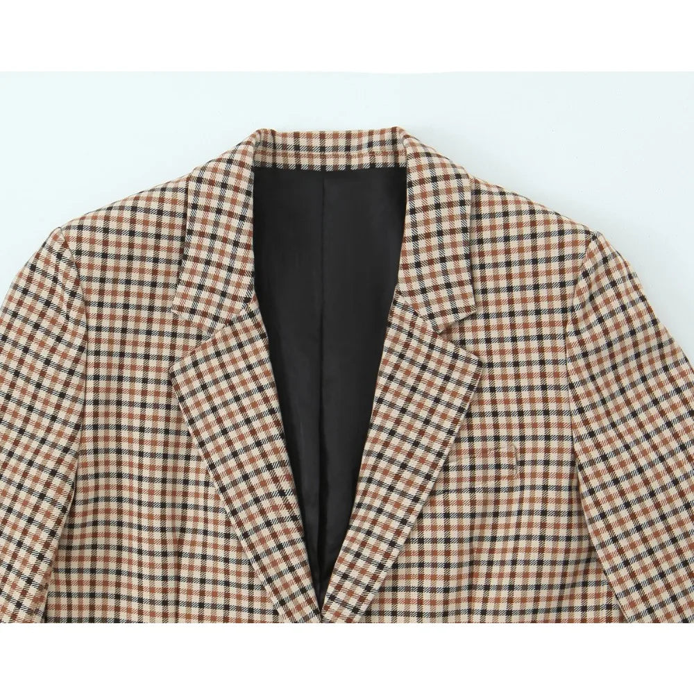 Stylish Plaid Pant Suits for Women New in Commuting Style Two Pieces Straight Plaid Blazer Matching Tonal Pleated Wide Leg Pants
