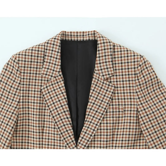 Stylish Plaid Pant Suits for Women New in Commuting Style Two Pieces Straight Plaid Blazer Matching Tonal Pleated Wide Leg Pants