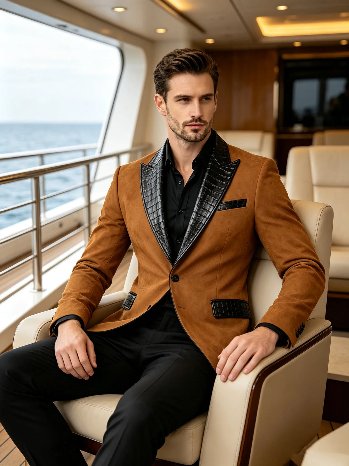 Men's Suede Slim Fit Blazer Jacket Crocodile Pattern Lapel Design Suit Coat Formal Business Prom Wedding Party Tuxedo Outerwear