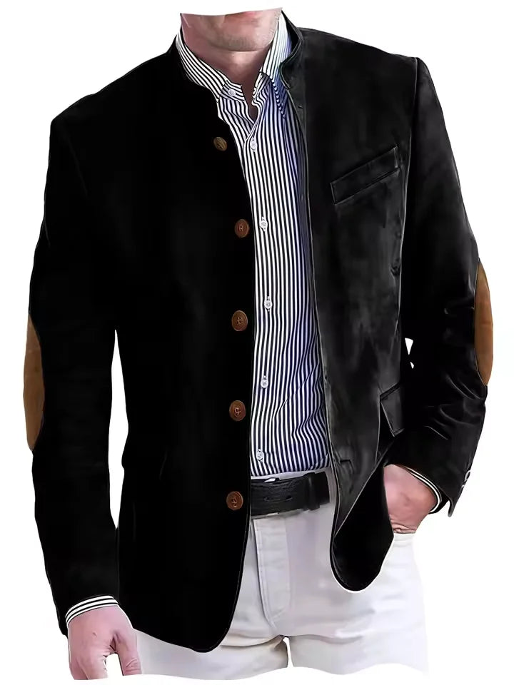 Vintage Men's Suede Blazer Elbow Patch Slim Fit Mandarin Collar Textured Fabric Jacket Business Casual Wedding Party Coat