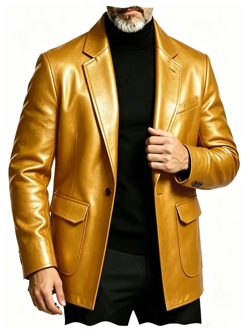 Men's PU Leather Blazer Single Breasted Slim Fit Notched Collar Suit Jacket Motorcycle Sport Coat For Formal Business Party