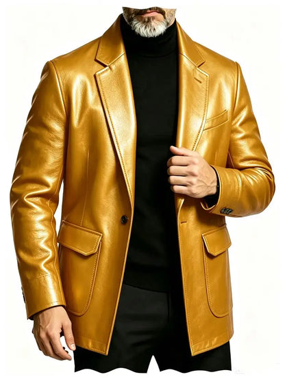 Men's PU Leather Blazer Single Breasted Slim Fit Notched Collar Suit Jacket Motorcycle Sport Coat For Formal Business Party
