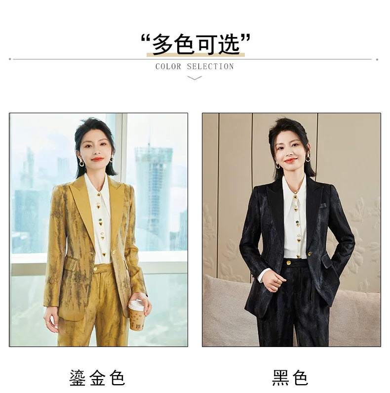 Women Golden Black Formal Pant Suit Autumn Female Tie-dye Blazer and Trouser 2 Piece Set For Office Ladies Winter Work Wear
