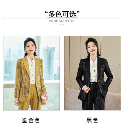 Women Golden Black Formal Pant Suit Autumn Female Tie-dye Blazer and Trouser 2 Piece Set For Office Ladies Winter Work Wear