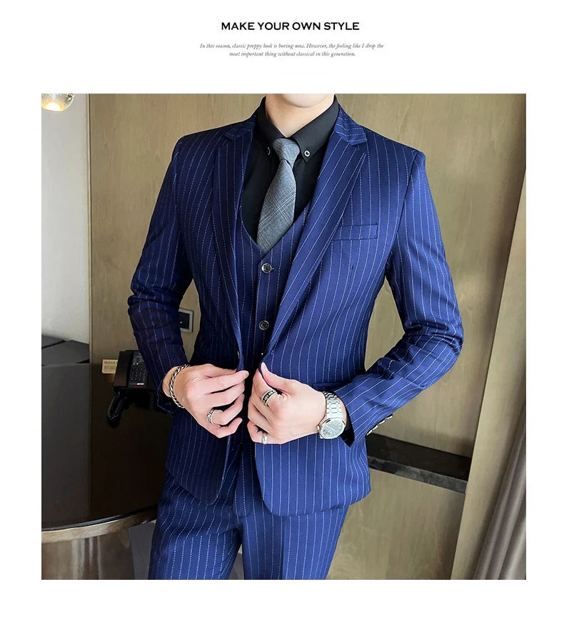 2024 Slim Fit Striped Three-Piece Business Suit Vest Trousers Set Korean Fashion Trend Handsome Wedding Outfit