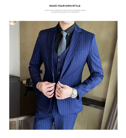 2024 Slim Fit Striped Three-Piece Business Suit Vest Trousers Set Korean Fashion Trend Handsome Wedding Outfit