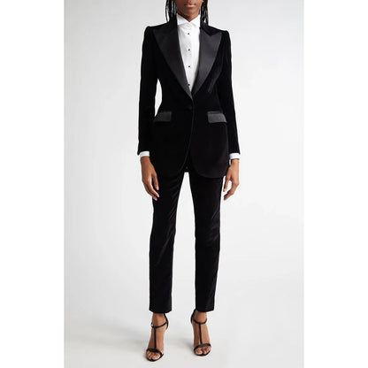 Black Flannel Women Suit Customized Single-grain Buckle Peaked Lapel Two Pieces(Jacket+Pants) Modern Business Office Lady Set