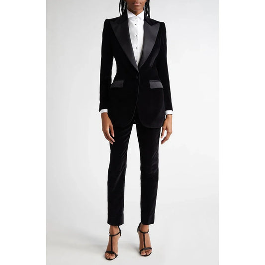 Black Flannel Women Suit Customized Single-grain Buckle Peaked Lapel Two Pieces(Jacket+Pants) Modern Business Office Lady Set