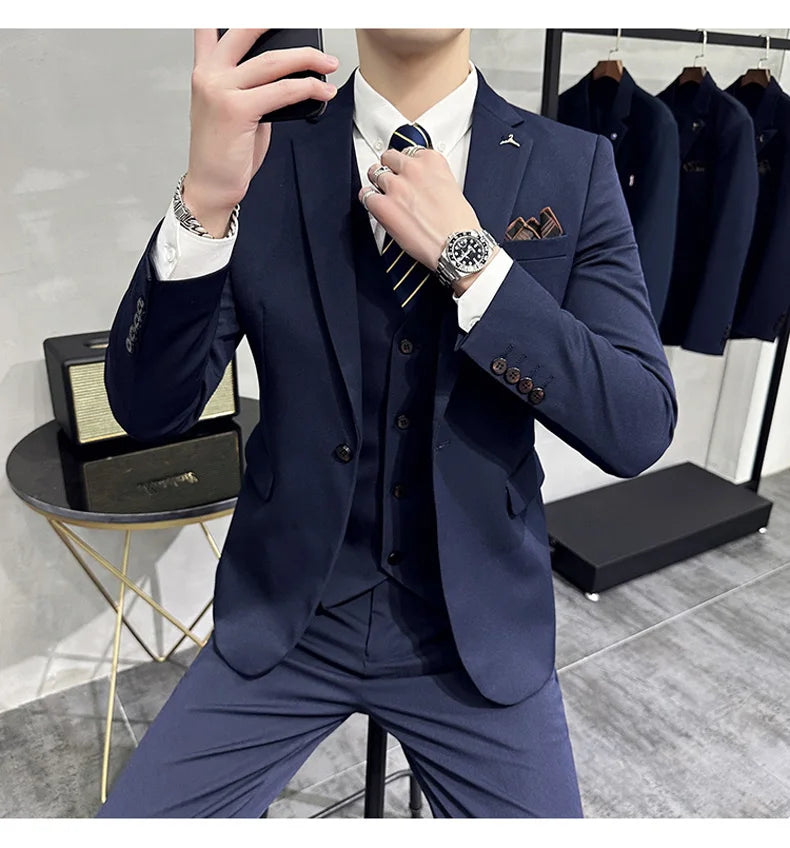 2025 Men's Wedding Suit Vest Trousers Set Fashionable Handsome Solid Color Groom's Three-Piece Outfit Available in Sizes M-7XL