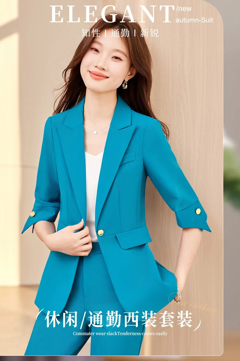 Fashionable professional women's wear, mid-sleeve suit jacket + pant. Exquisite elegant, new style for spring summer 2026