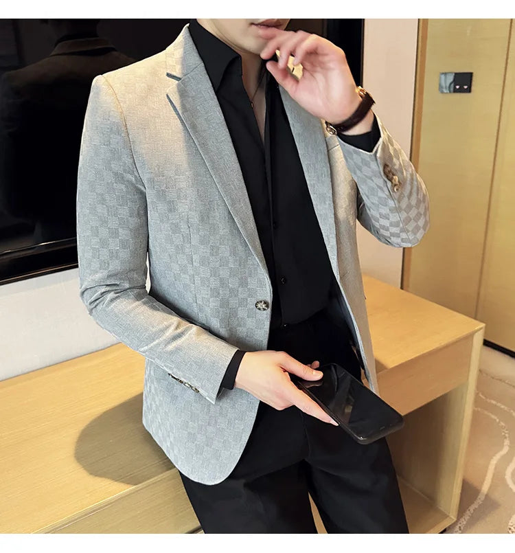 2024 Spring Plaid Blazers Men Single Breasted Casual Business Suit Jacket Fashion Slim Social Banquet Wedding Groom Dress Coats