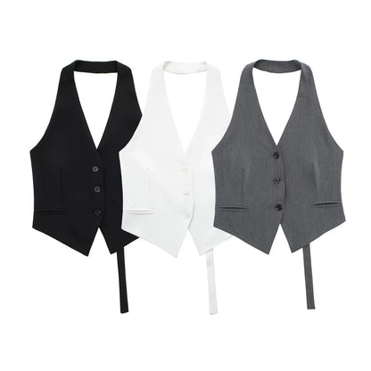 Halter Formal Vests Woman Off Shoulder Women's Suit Vest Backless Black White Short Vest Casual Cropped Sleeveless Vest
