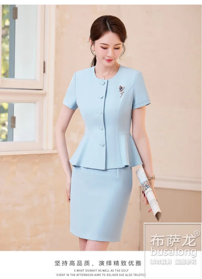 2025Summer Blue Short Sleeve Blazer Suit Professional Women's Skirt Set Short Skirt Elegant Fashion Formal Workwear