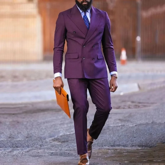 Men Suit Dark Purple 2 Piece Double Button With Lapel Solid For Wedding Birthday Banquet Party Business Work Office Jacket Pant