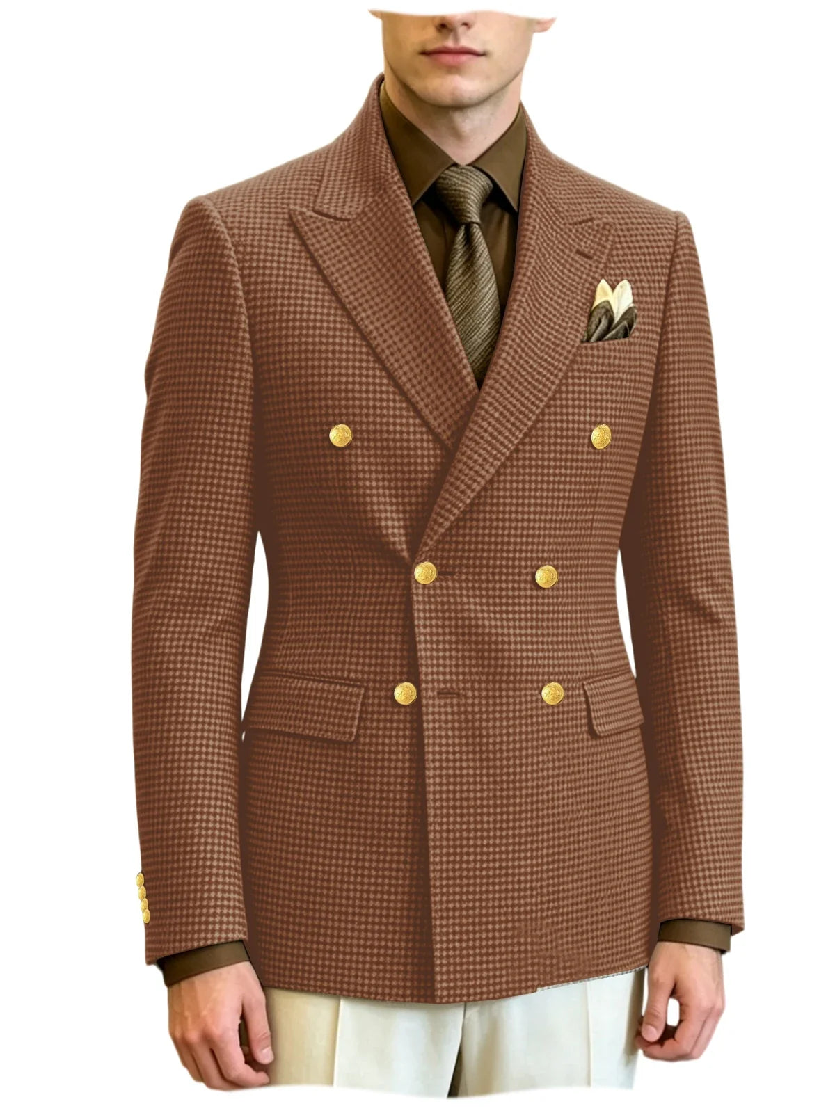 Men's Houndstooth Double Breasted Blazer Vintage Slim Jacket  Fit Formal Business Wedding Party Coat For Men Autumn Winter