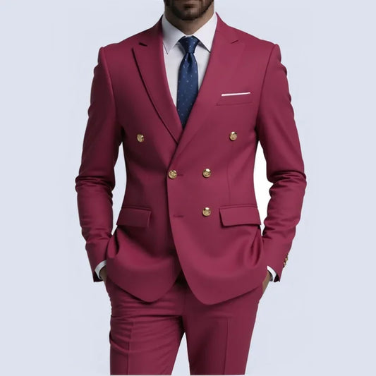 Men Double Breasted Suit Black Slim Fit High Quality Wedding Costume Party Prom Gold Button Male Suits