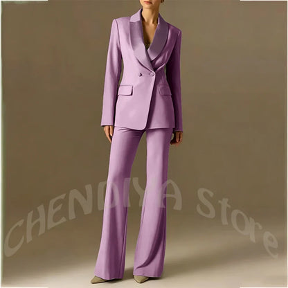 Classic Shawl Lapel Suit For Women Elegant Double Breasted Outfit Solid Color Two Piece Straight Modern Style Office Wear