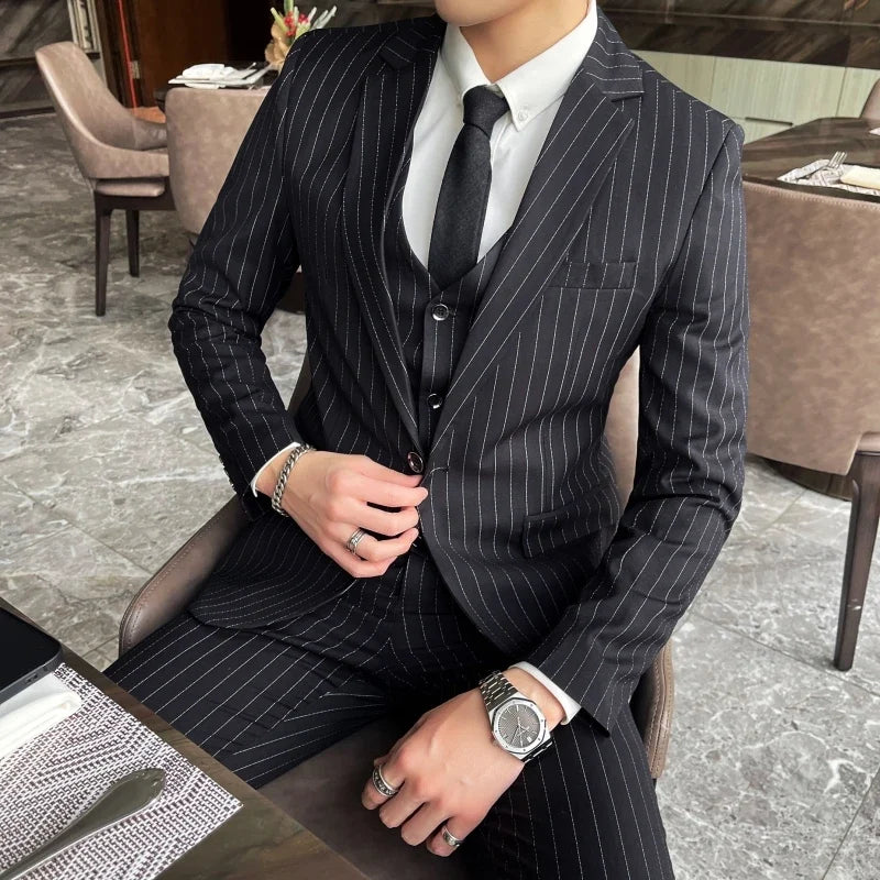 2024 Slim Fit Striped Three-Piece Business Suit Vest Trousers Set Korean Fashion Trend Handsome Wedding Outfit