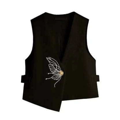 Retro Ladies Solid Color Sleeveless Coat Spring Autumn Women Fashion Embroidered Suit Waistcoat Top Female Irregular Vest Jacket